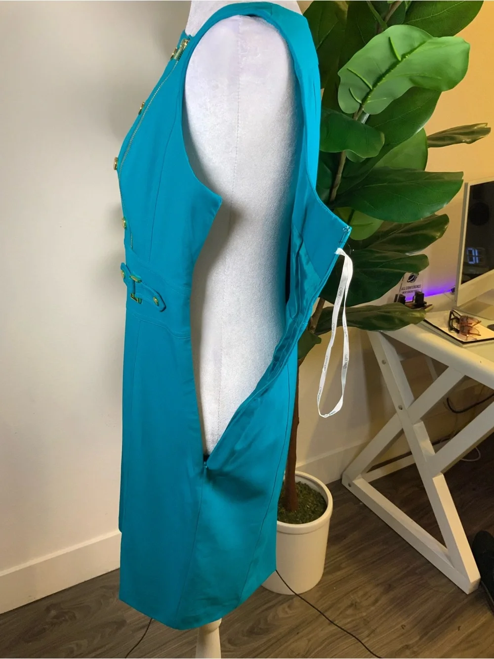 Calvin Klein Teal Sheath Dress with Gold Buttons